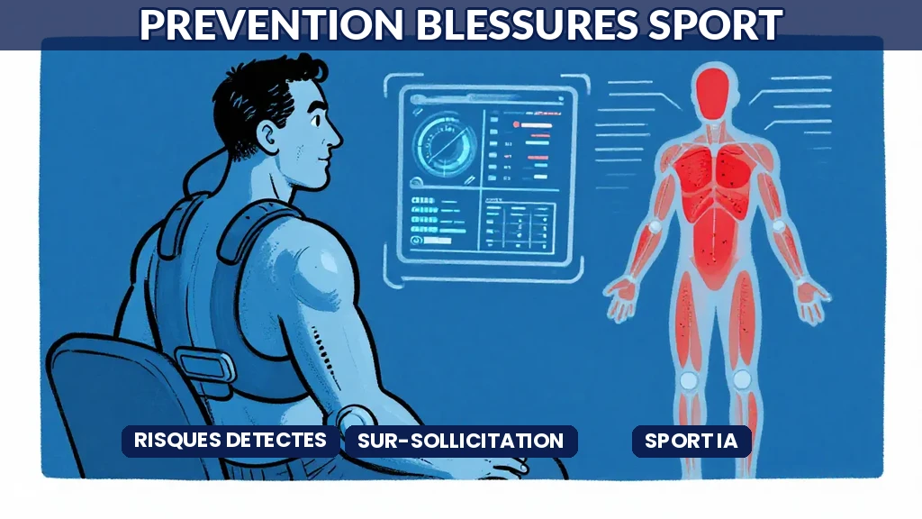 Interface logicielle affichant des indicateurs biométriques de fatigue musculaire analysés par intelligence artificielle pour la prévention des blessures sportives