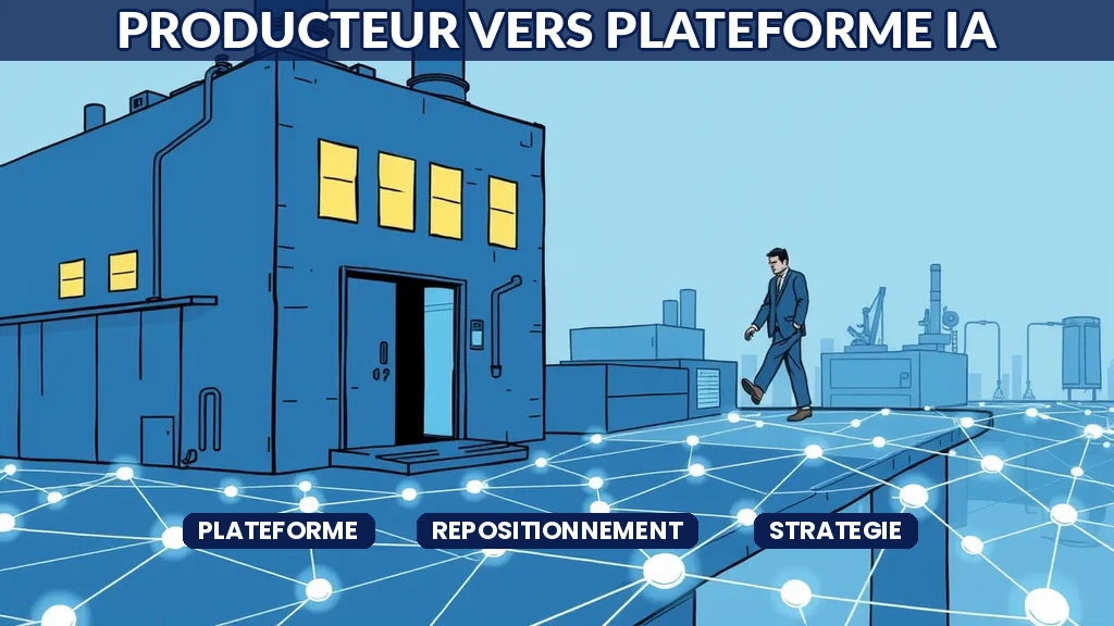 ** Schéma de transformation entreprise passant de modèle producteur traditionnel à plateforme augmentée par intelligence artificielle