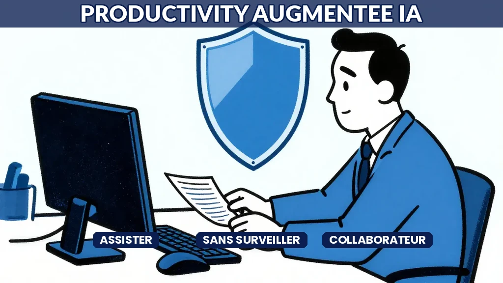 Collaborateur utilisant un assistant IA sur son poste de travail avec suggestions contextuelles et indicateur de confidentialité activé