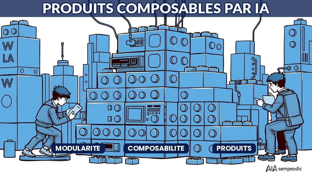 ** Schéma de produit modulaire composable avec briques fonctionnelles assemblées grâce à l'intelligence artificielle