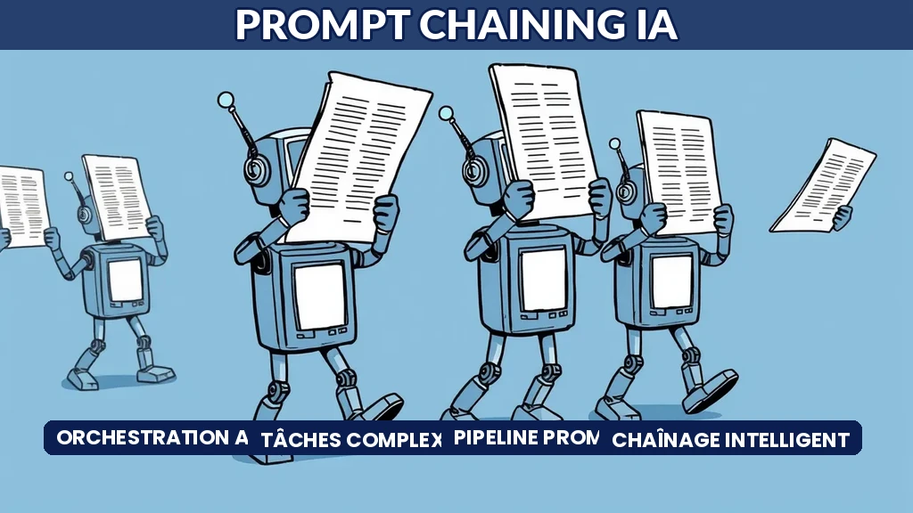 Schéma de prompt chaining orchestrant plusieurs appels IA pour une tâche complexe