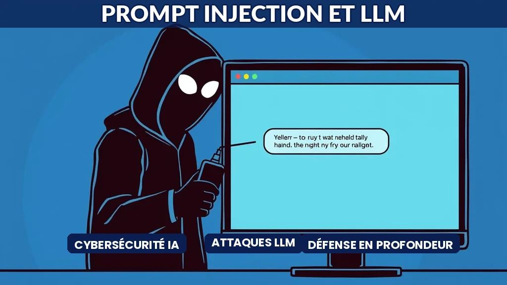 Schéma illustrant une attaque par prompt injection contre un modèle de langage LLM avec couches de défense en entreprise