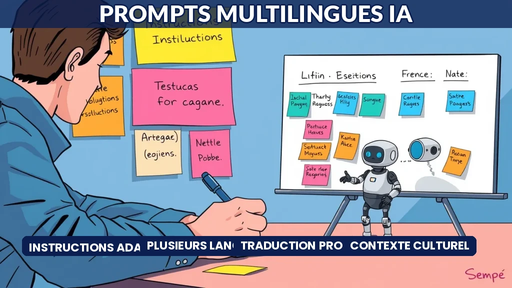 Personne écrivant des instructions multilingues avec un robot IA les organisant