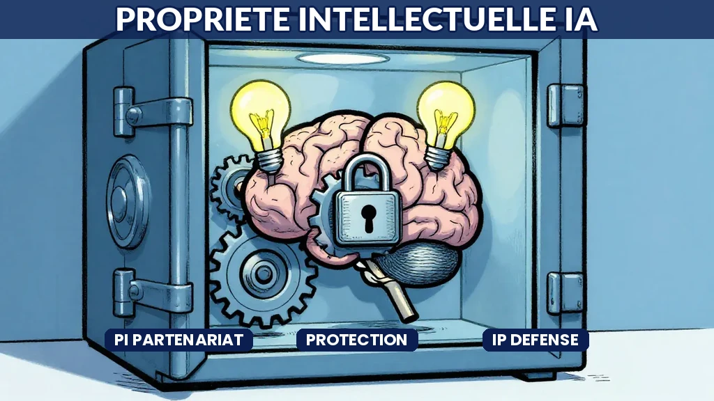 Dirigeants négociant la répartition de la propriété intellectuelle lors dun partenariat IA avec documents et brevets sur la table