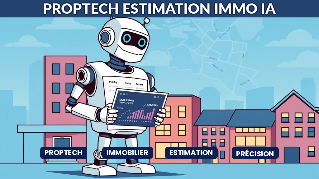 Robot agent immobilier devant des bâtiments montrant un tableau de bord d'estimation de prix avec analyses