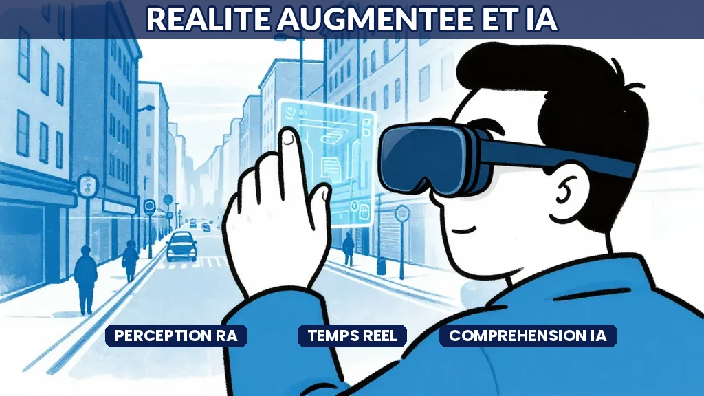 Technicien portant un casque de realite augmentee avec superposition dinformations generees par intelligence artificielle
