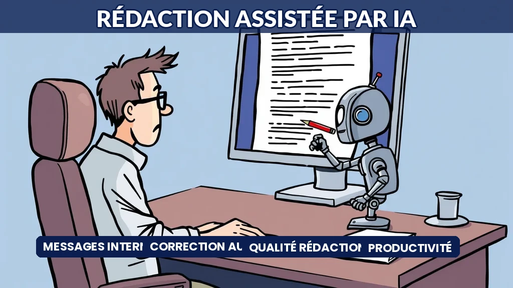 Robot IA corrigeant un document sur un écran pendant qu un employé tape au clavier
