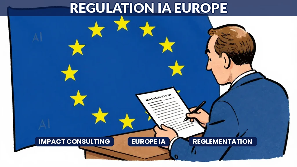 Drapeau européen superposé à un réseau neuronal symbolisant la régulation de lintelligence artificielle et son impact sur le consulting en Europe