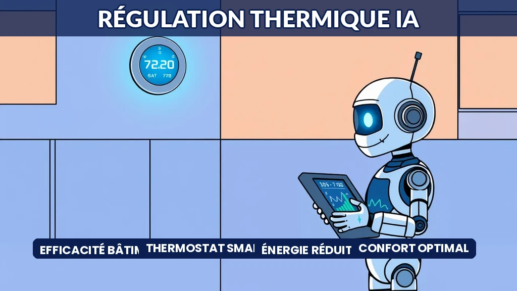Robot IA ajustant un thermostat intelligent dans un bâtiment moderne