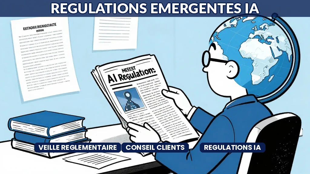 Consultant analysant un tableau de veille réglementaire sur les régulations émergentes en intelligence artificielle