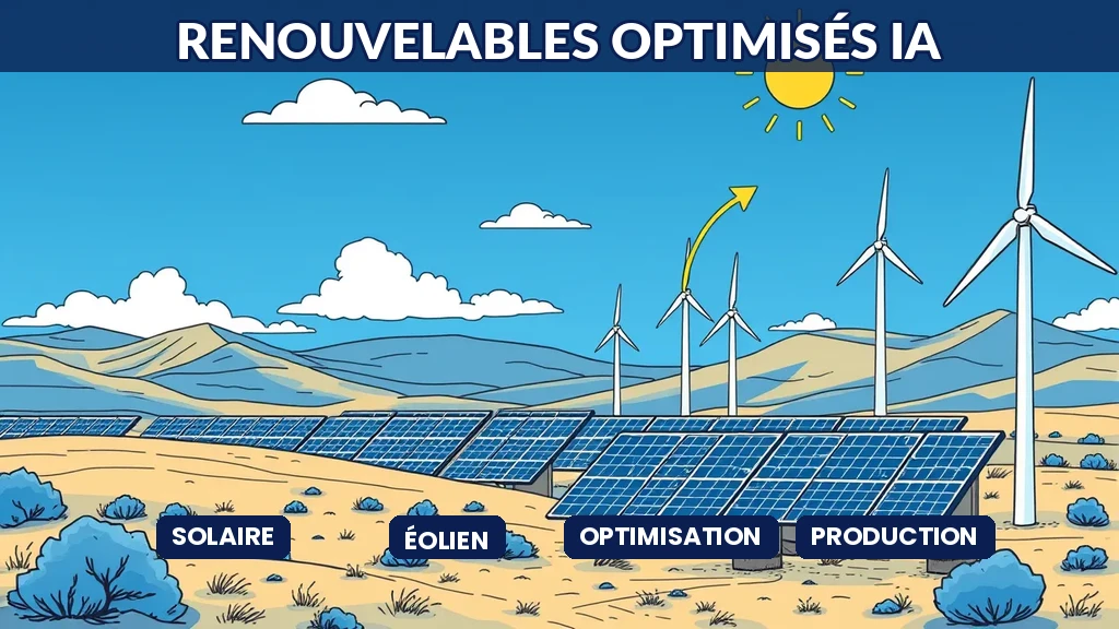 Panneaux solaires et éoliennes dans un paysage avec prévisions météo et flèches IA montrant les ajustements optimaux