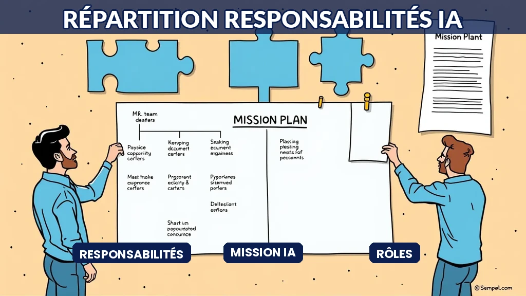 Équipe de consultants IA répartissant les rôles et responsabilités sur un tableau de pilotage de mission