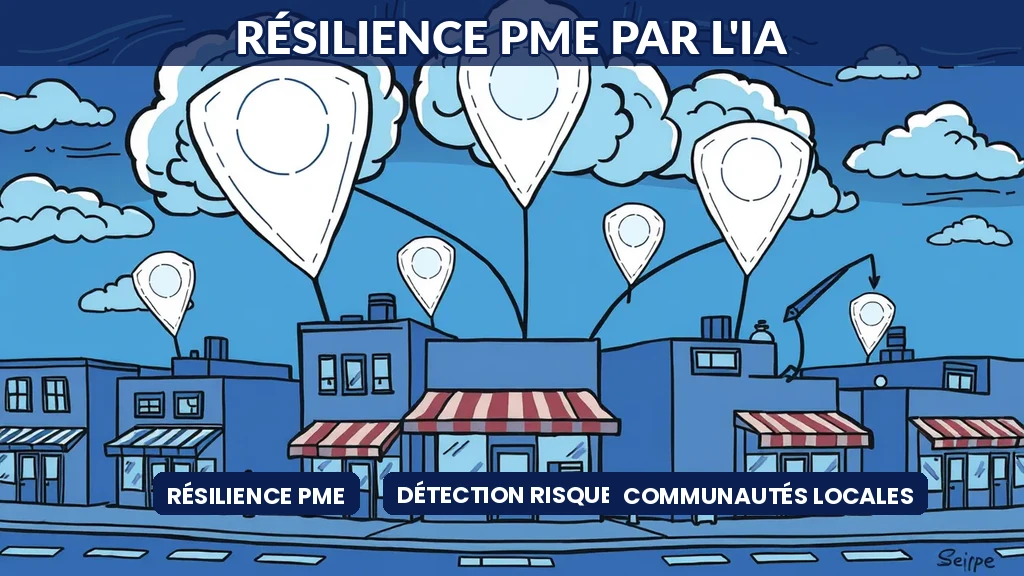 Réseau de PME locales interconnectées avec des indicateurs IA de détection de risques et signaux faibles