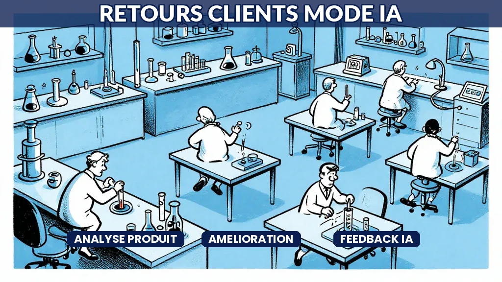 Tableau de bord analytique affichant le traitement automatisé des retours clients mode par intelligence artificielle avec indicateurs qualité