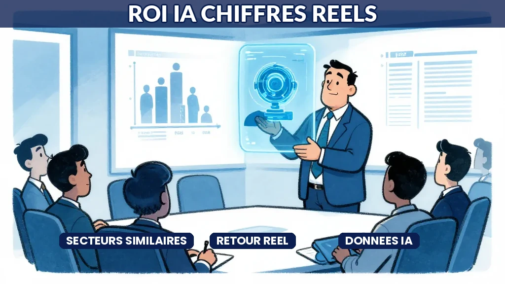 Tableau de bord analytique montrant le retour sur investissement IA par secteur avec courbes de performance et indicateurs chiffrés