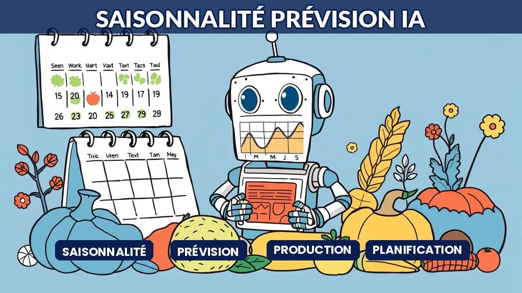 Robot analysant des graphiques de production saisonnière avec calendrier et produits agricoles variés