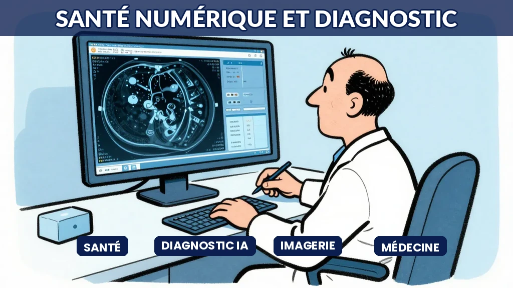 Hôpital avec écrans de diagnostic IA montrant imagerie médicale et données patients