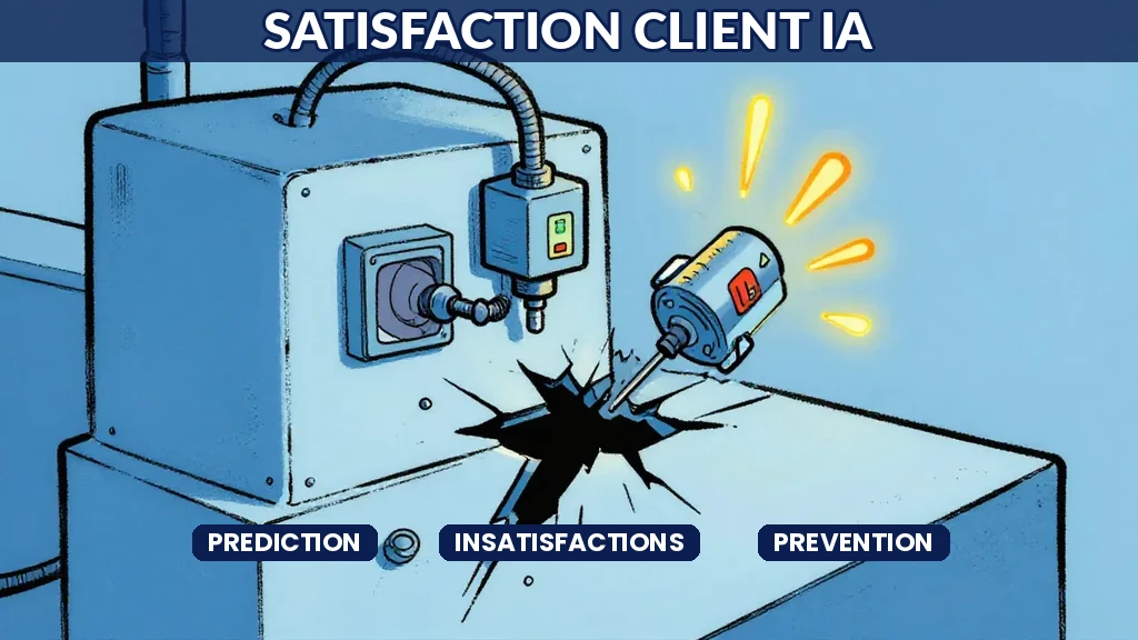 Tableau de bord IA affichant des indicateurs prédictifs de satisfaction client avec alertes proactives