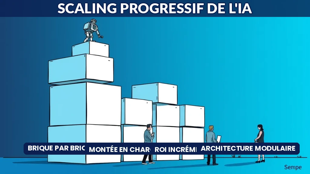 Construction progressive de blocs technologiques symbolisant le déploiement étape par étape de l'IA en entreprise