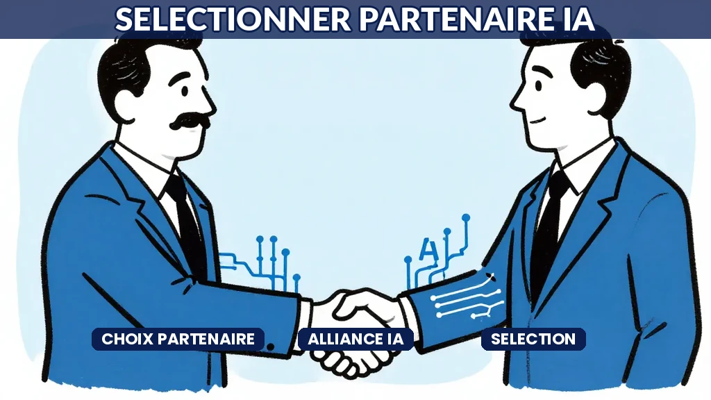 Dirigeants évaluant différents partenaires IA autour dune table avec des critères de sélection affichés sur un écran