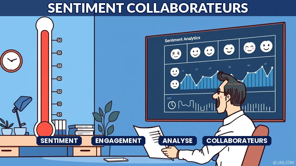 Baromètre d'humeur dans un bureau avec icônes de visages et manager lisant des analyses de sentiment sur grand écran