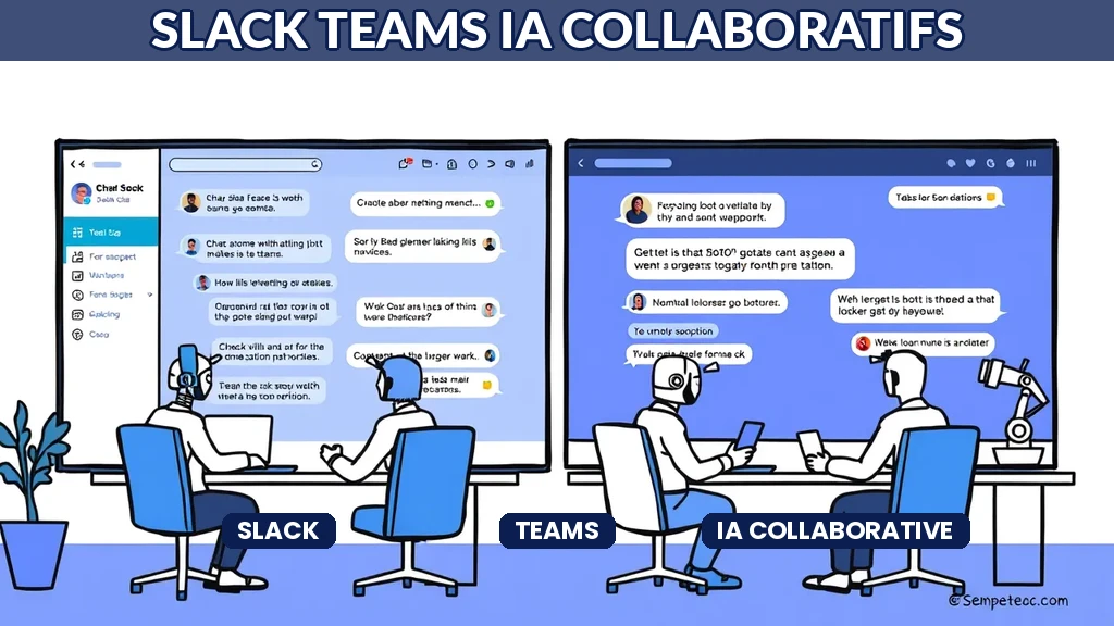 Interface Slack et Microsoft Teams avec assistants IA intégrés et résumés automatiques