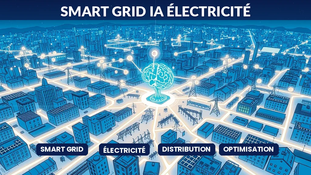 Vue aérienne d'une ville avec lignes de réseau électrique lumineux reliant bâtiments et panneaux solaires avec cerveau IA central