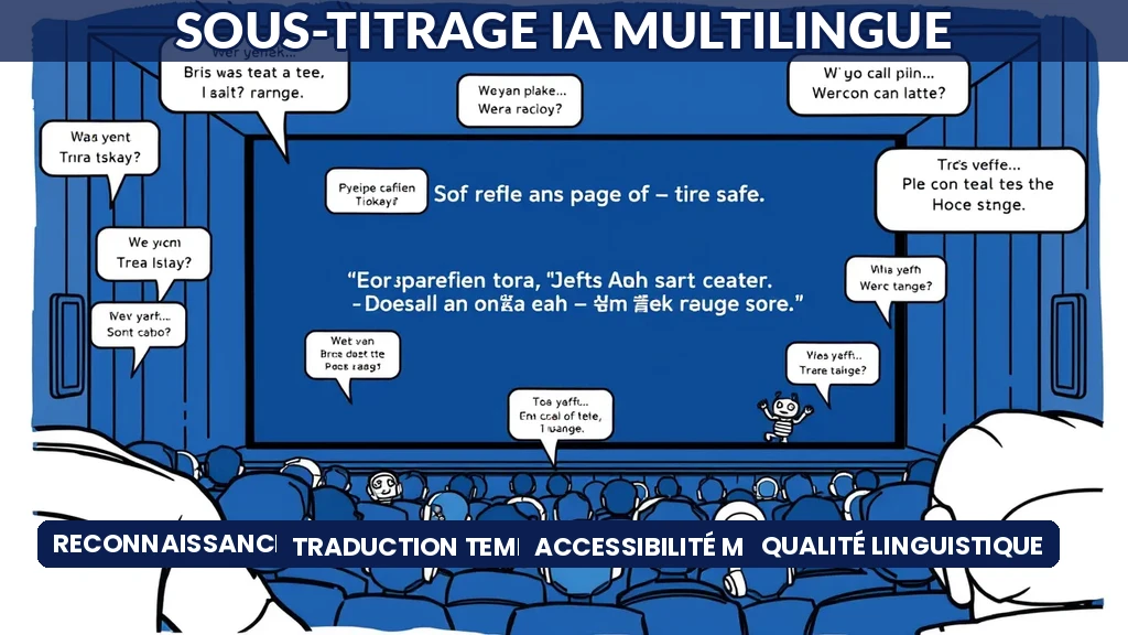 Écran de cinéma avec sous-titres multilingues générés par intelligence artificielle en temps réel