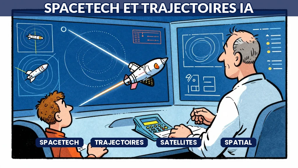 Salle de contrôle spatial avec IA optimisant les trajectoires satellitaires et calculs orbitaux