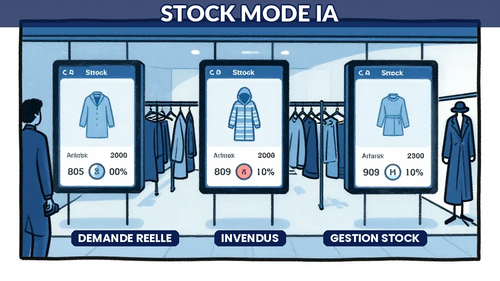 Tableau de bord de gestion de stock mode piloté par intelligence artificielle avec indicateurs de demande et niveaux de réapprovisionnement