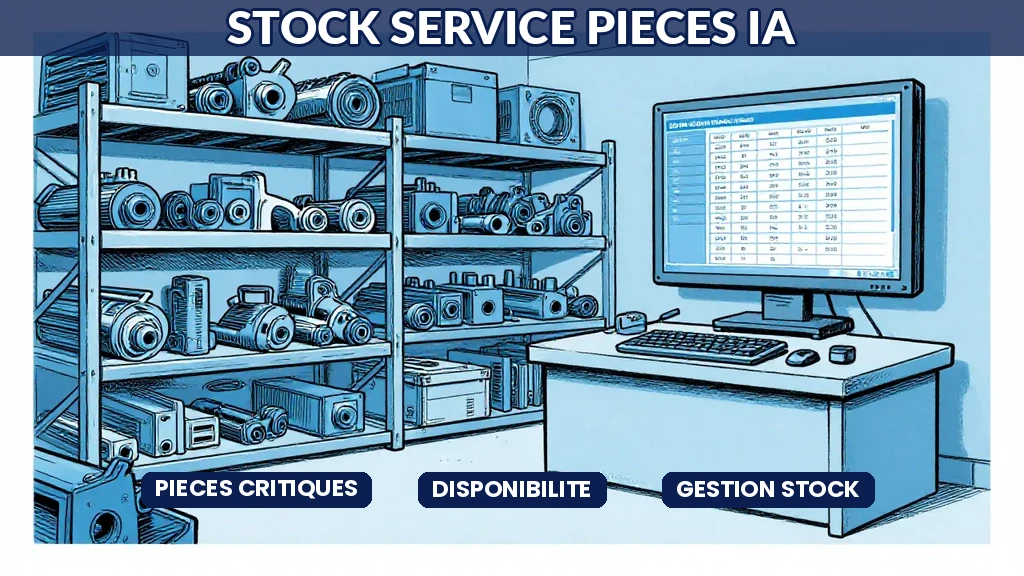 Entrepôt de pièces détachées SAV avec tableau de bord IA affichant les niveaux de stock optimisés