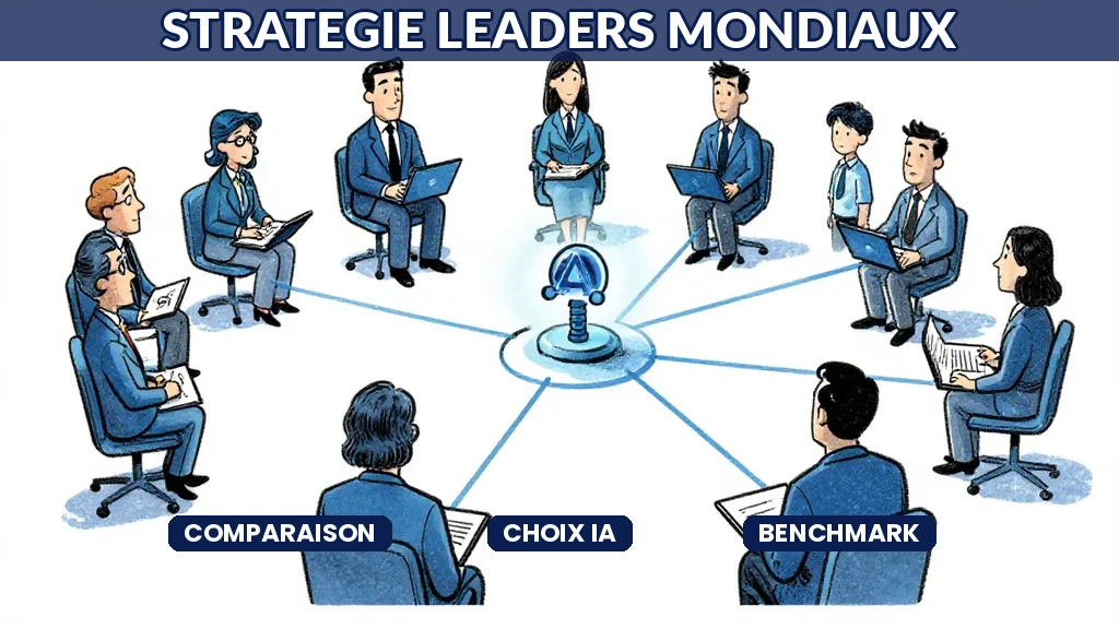 Tableau de benchmark stratégique IA comparant décisions technologiques et organisationnelles avec indicateurs de maturité leaders mondiaux