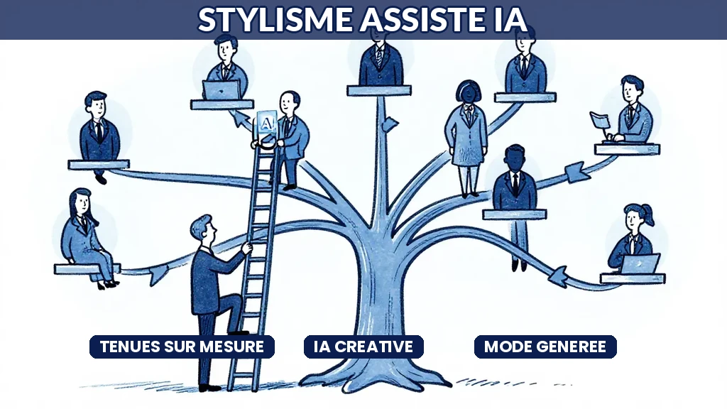 Interface de stylisme assisté par intelligence artificielle générant des tenues sur mesure avec palette de couleurs et suggestions créatives