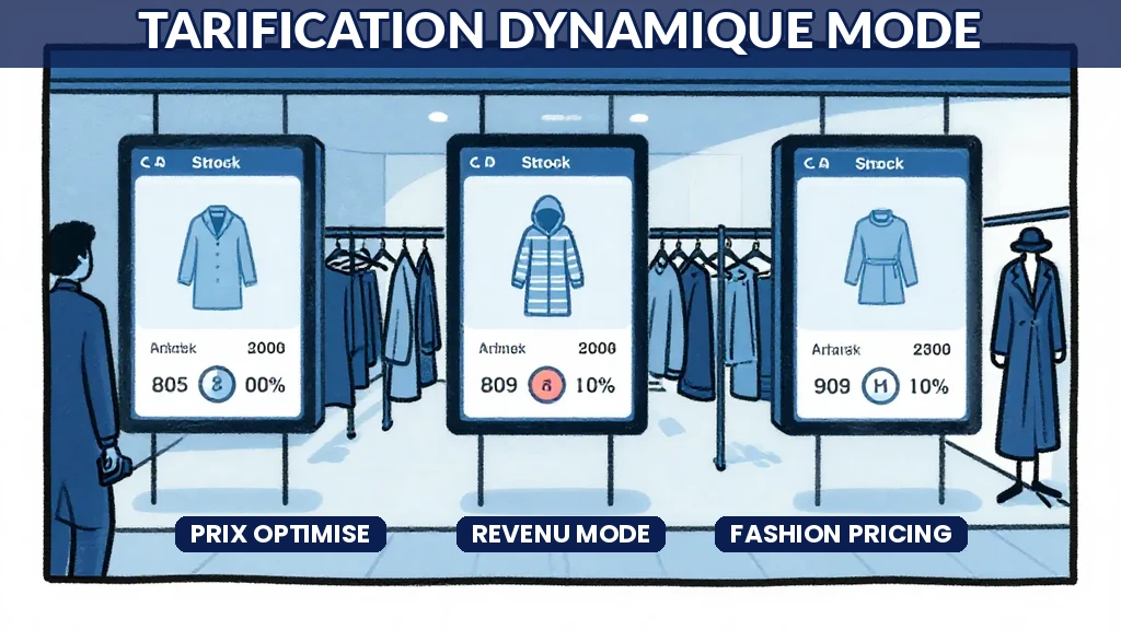 Interface de tarification dynamique mode affichant des courbes de prix par modèle textile optimisées par intelligence artificielle