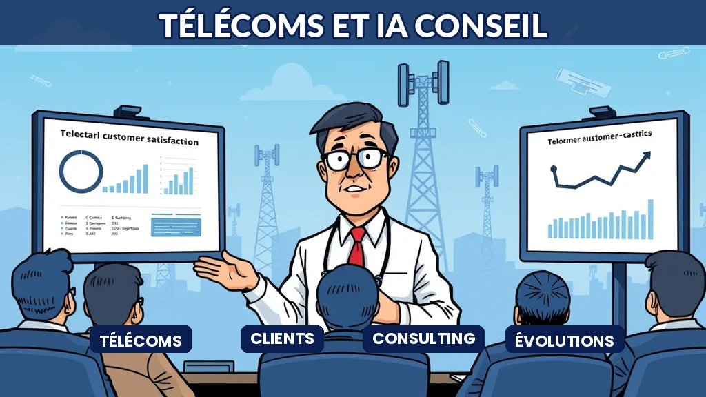 Consultant présentant à des dirigeants télécoms avec antennes et satellites en arrière-plan et métriques clients