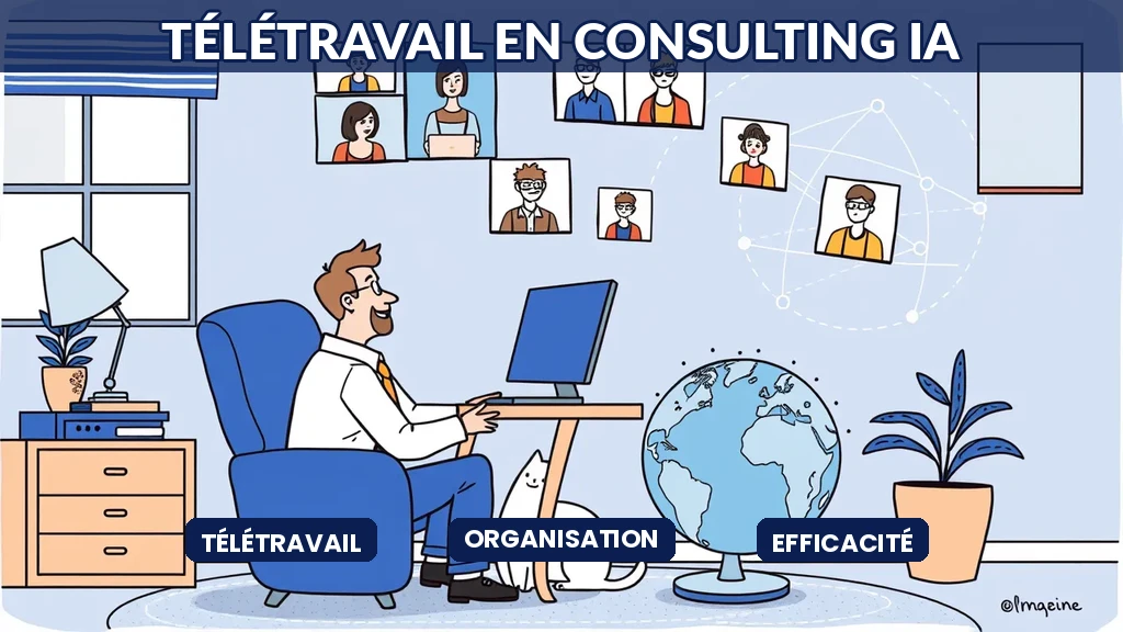 Consultant IA travaillant à distance sur un projet de données avec son équipe distribuée visible en visioconférence