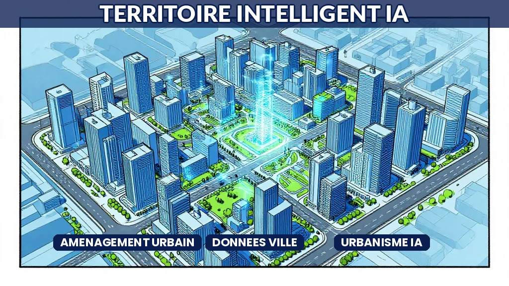 Vue aérienne dune ville connectée avec des flux de données superposés pour laménagement urbain intelligent