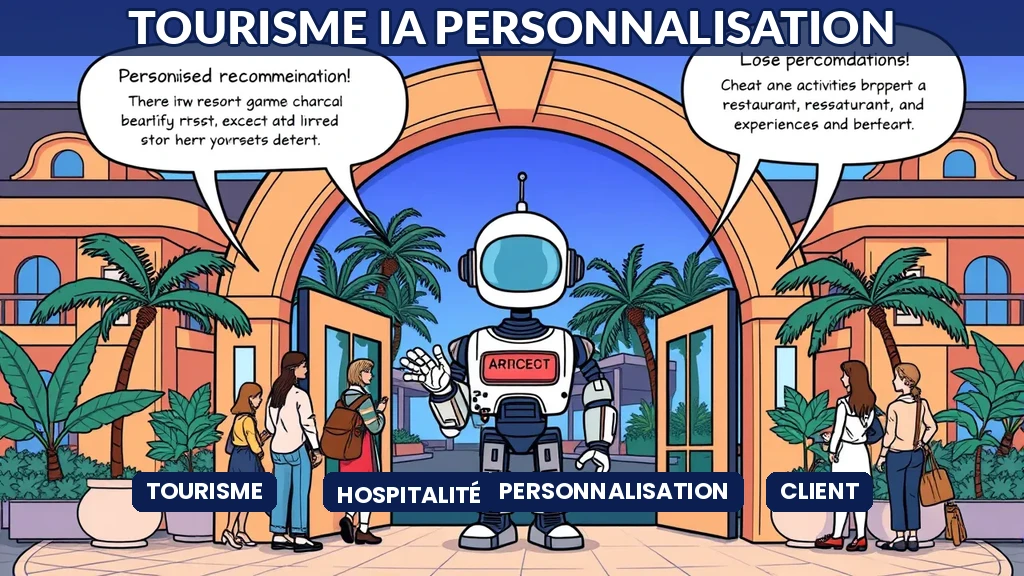 Robot concierge accueillant des touristes devant un hôtel avec recommandations personnalisées flottantes