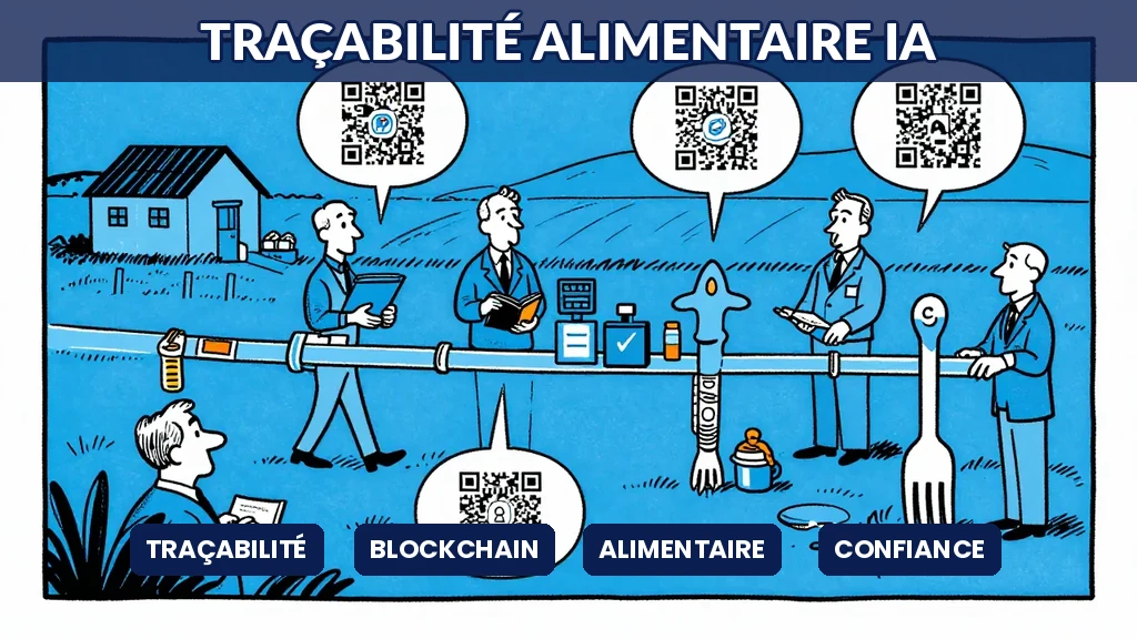 Chaîne alimentaire avec blockchain et IA montrant le parcours du champ à la fourchette