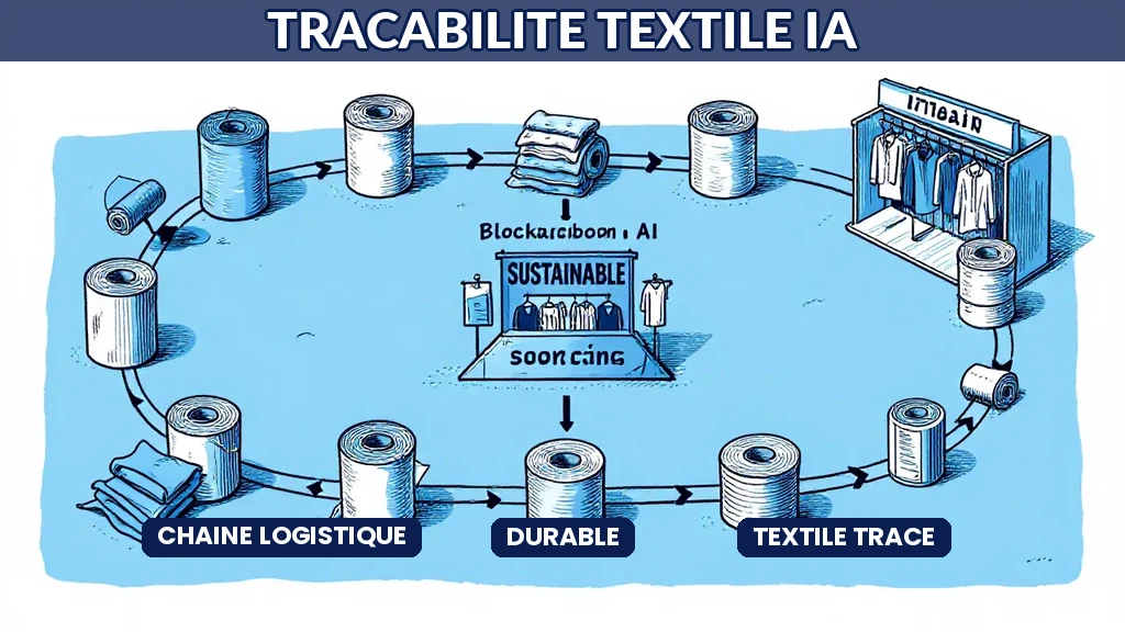 Chaîne logistique textile avec traçabilité numérique pilotée par intelligence artificielle montrant le parcours des matériaux durables