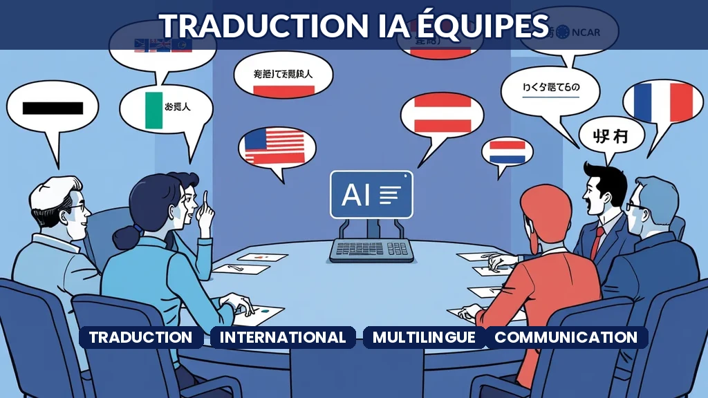 Personnes de différents pays autour d'une table de réunion avec bulles multilingues et traducteur IA central