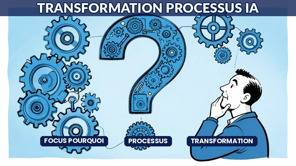 Illustration de dirigeants questionnant le pourquoi de la transformation IA de leurs processus avant de choisir les outils, style Sempé en aplats de couleur.