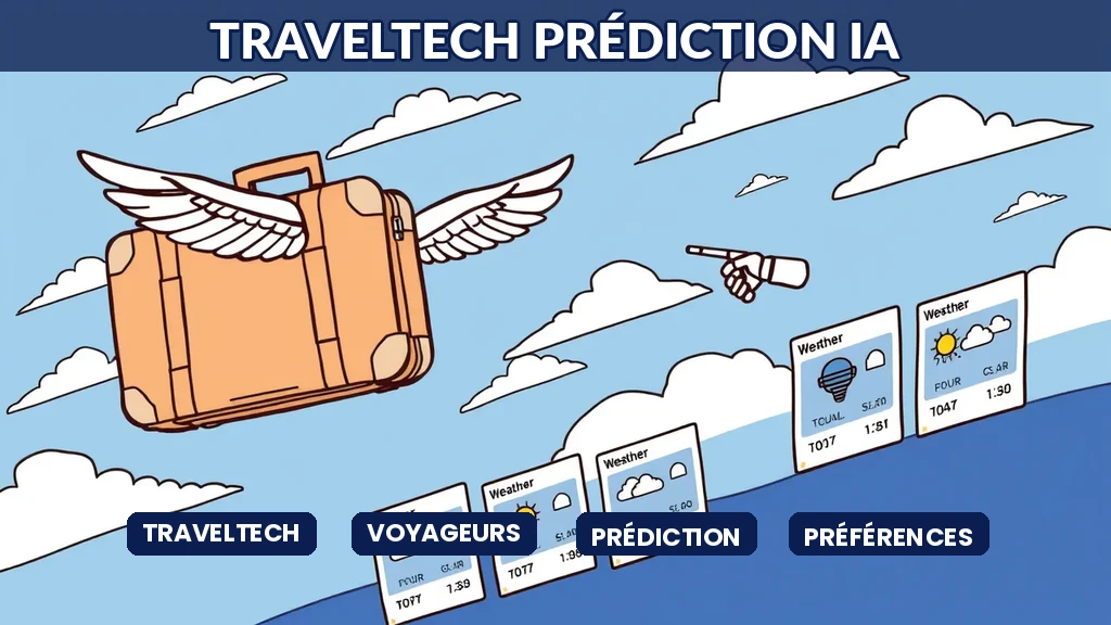 Valise ailée volant dans le ciel avec agent de voyage robot indiquant des destinations personnalisées