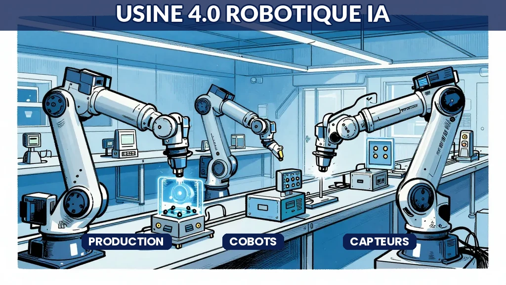 Chaîne de production moderne avec robots collaboratifs pilotés par IA et capteurs distribués
