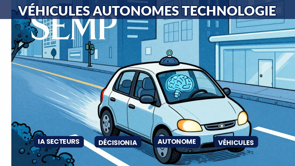 Self-driving car with AI brain navigating city street with visible sensors in futuristic urban setting