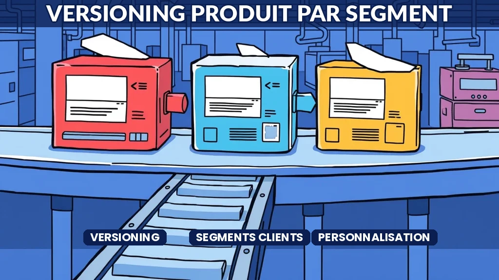 Schéma de versioning produit personnalisé par IA montrant variantes adaptées aux segments