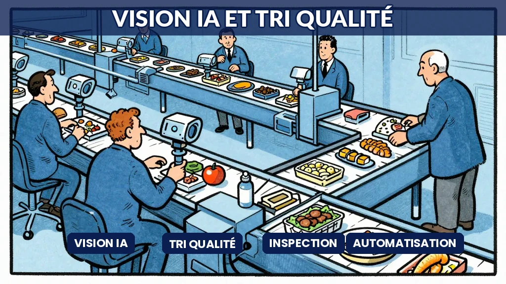 Ligne de convoyeur avec caméras IA triant et sélectionnant des produits alimentaires par qualité
