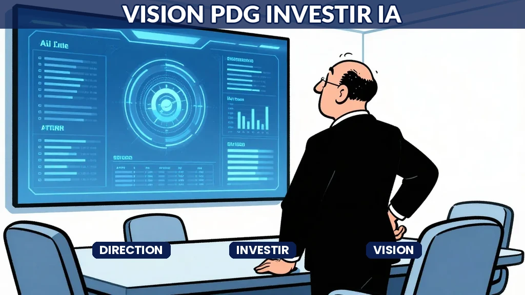 PDG analysant un tableau de bord d'investissements IA stratégiques avec ses indicateurs clés