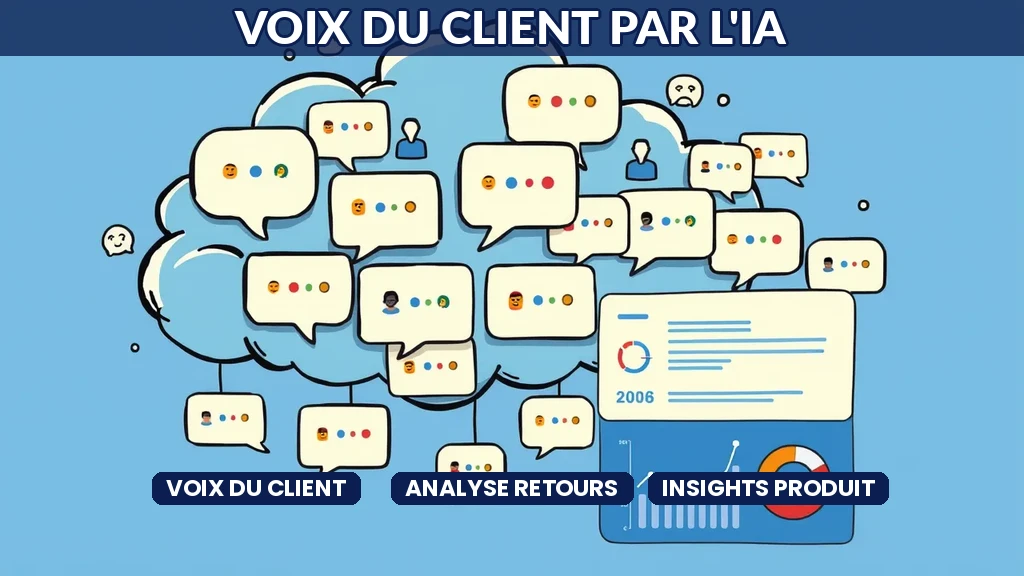 Nuage de thématiques extraites par IA depuis des avis clients avec des scores de sentiment et des tendances