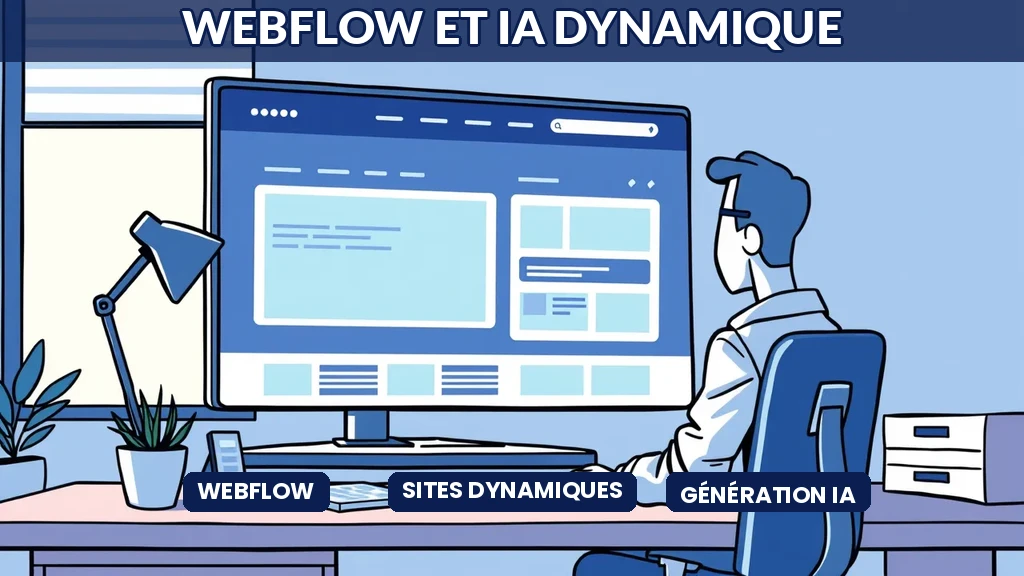 Interface Webflow Designer montrant un site web dynamique avec composants générés par intelligence artificielle et personnalisation automatique